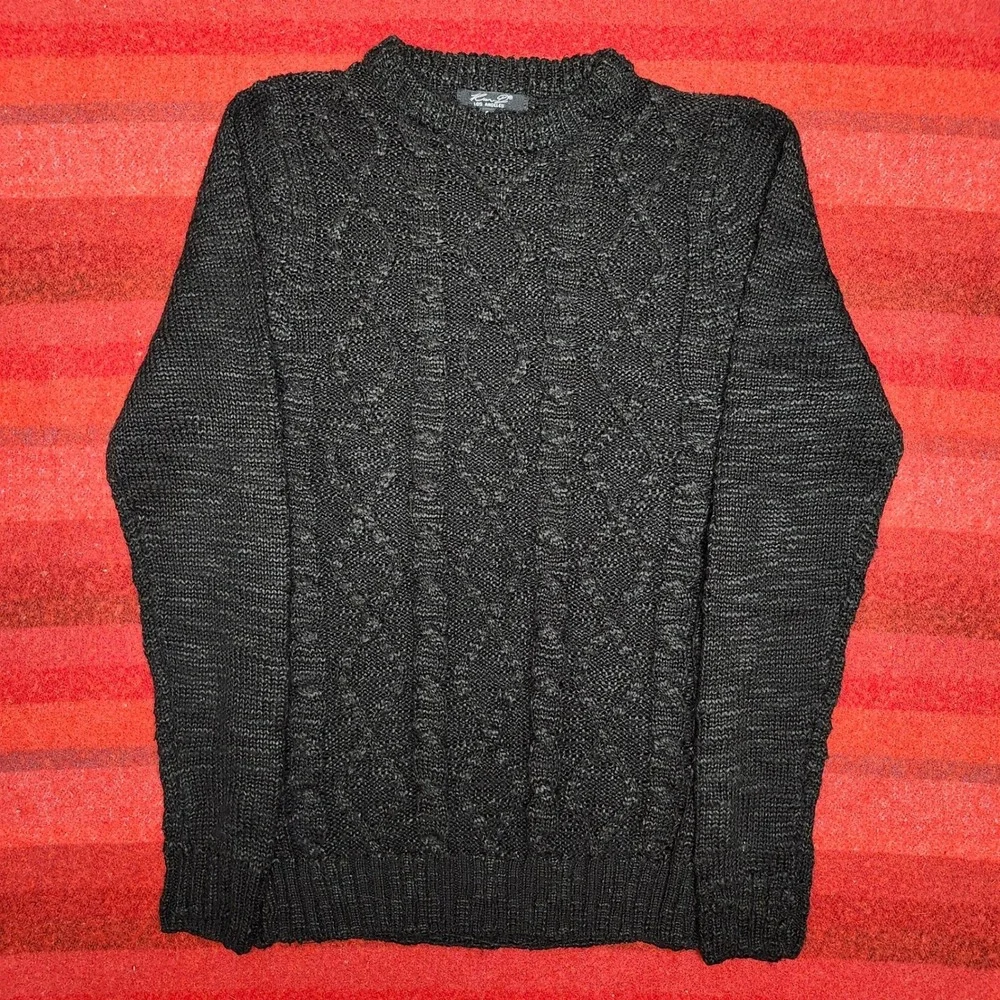 Black Cable Knit Sweater Mens S Dark Academia Chunky Knit Diamond Texture Ken D
